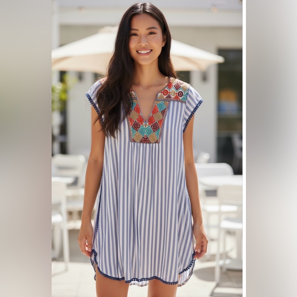 Le Tarte Striped embroidery boho tunic dress size small